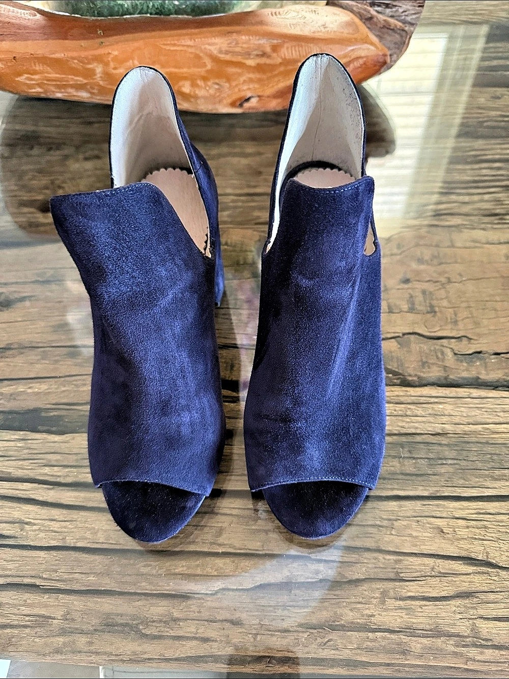 Cole Haan Blue Suede Peep Toe Block Heel Booties